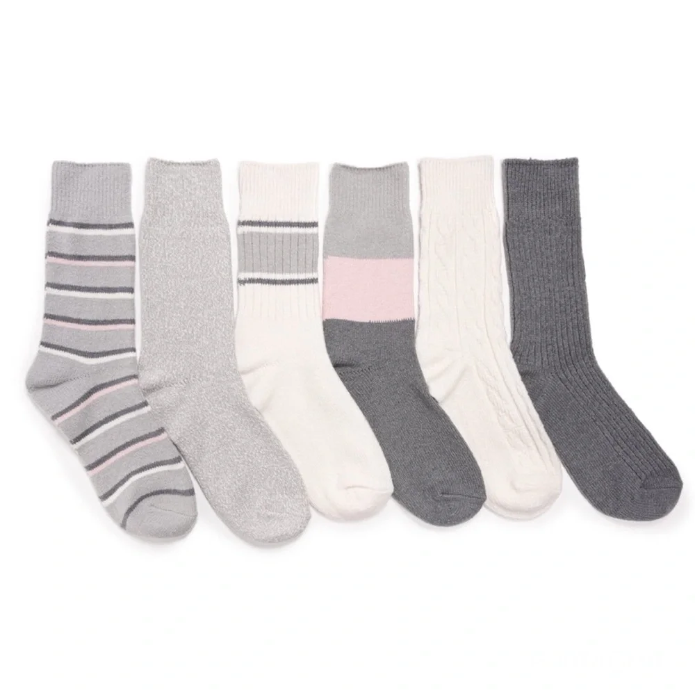 Muk Luks Crew Boot Socks Pink/Gray 6-Pack Fits Women’s Shoe Sizes 6-11 NWT